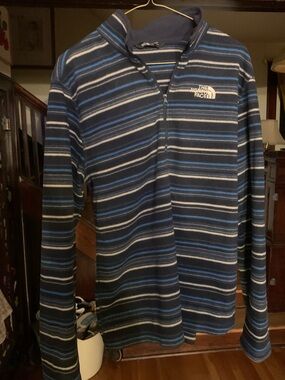 The North Face Men's Navy and Light Blue Striped Quarter-Zip Fleece
